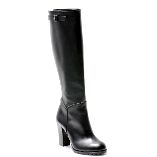 BELTED BLACK LEATHER BLOCK HEEL LONG BOOTS 9&#039;0.9
