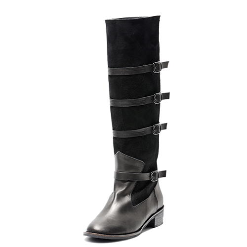 BELTED BLACK SUEDE N LEATHER KNEE BOOTS 3&#039;0.7